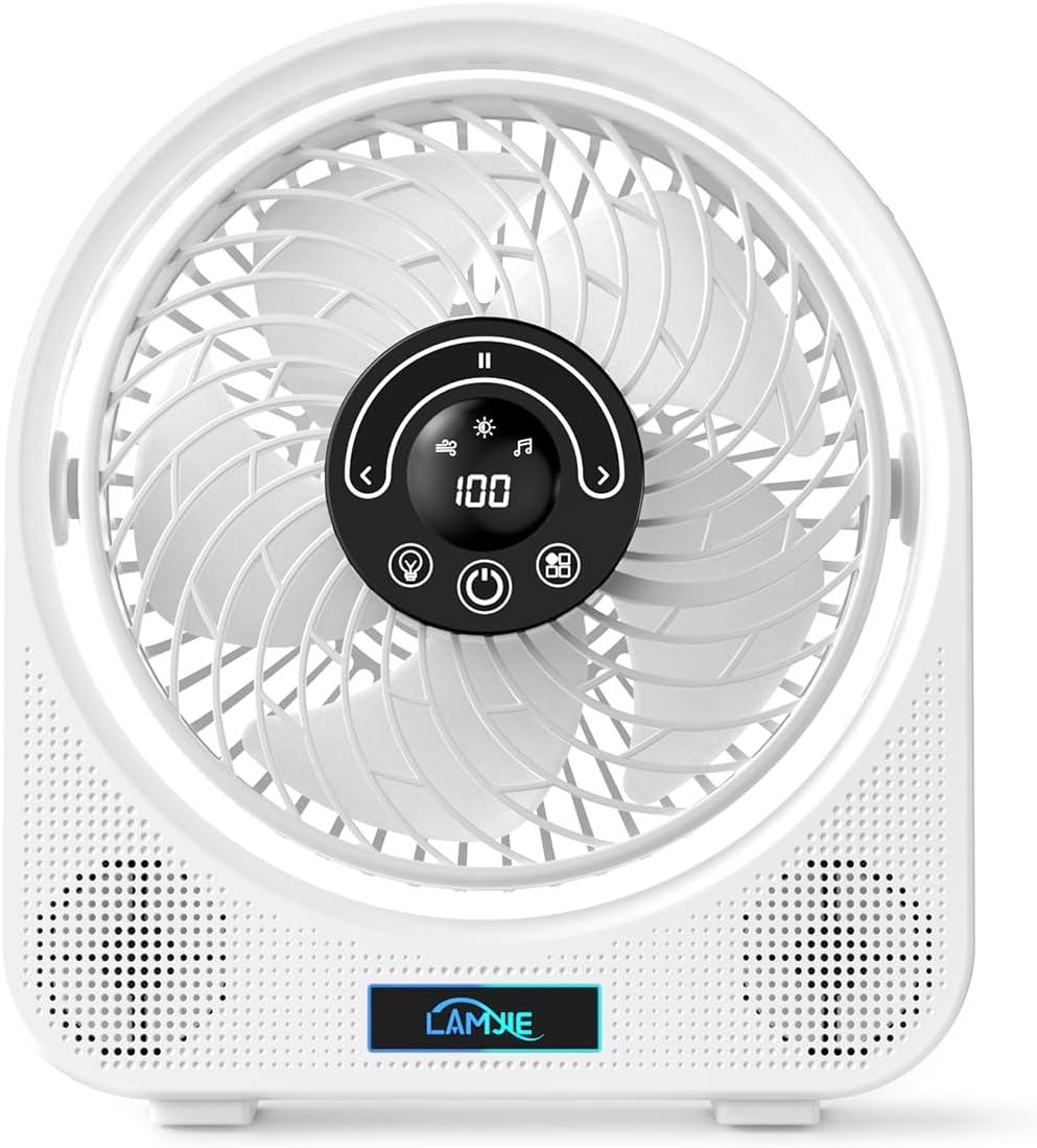 2-in-1 Desktop Fan with Bluetooth Speaker, White, Powerful Bass, 14 Light Modes, 8-Hour Runtime