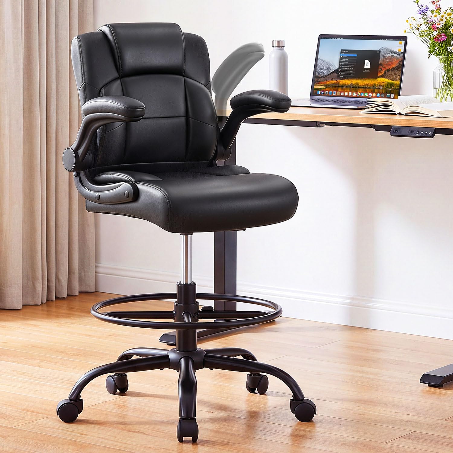 Pu Leather Drafting Chair,Tall Office Chair for Standing Desk with Footring,Counter Height Adjustable High Office Chair with Flip-up Armrests for Home,Drawing