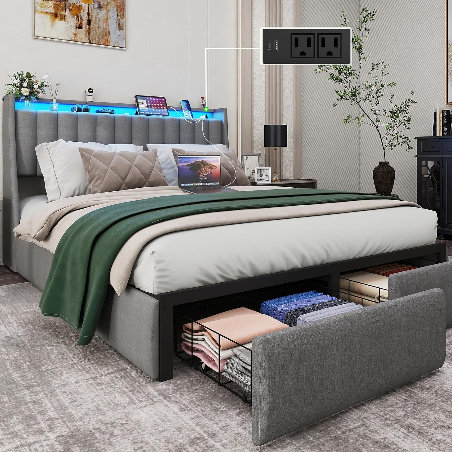 Full Size Bed Frame with Upholstered Storage Headboard and 2 Drawers | Full Size Metal Platform Bed with LED Lights and Charging Station, Noise-Free, No Box Spring Needed, Easy Assembly, Gra