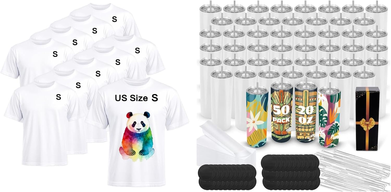 Joyclub Bundle of 10 PCS Blank T-Shirts for Adults and 50 Pack 20 oz Sublimation Tumblers Blank Straight Skinny bulk for Heat transfer