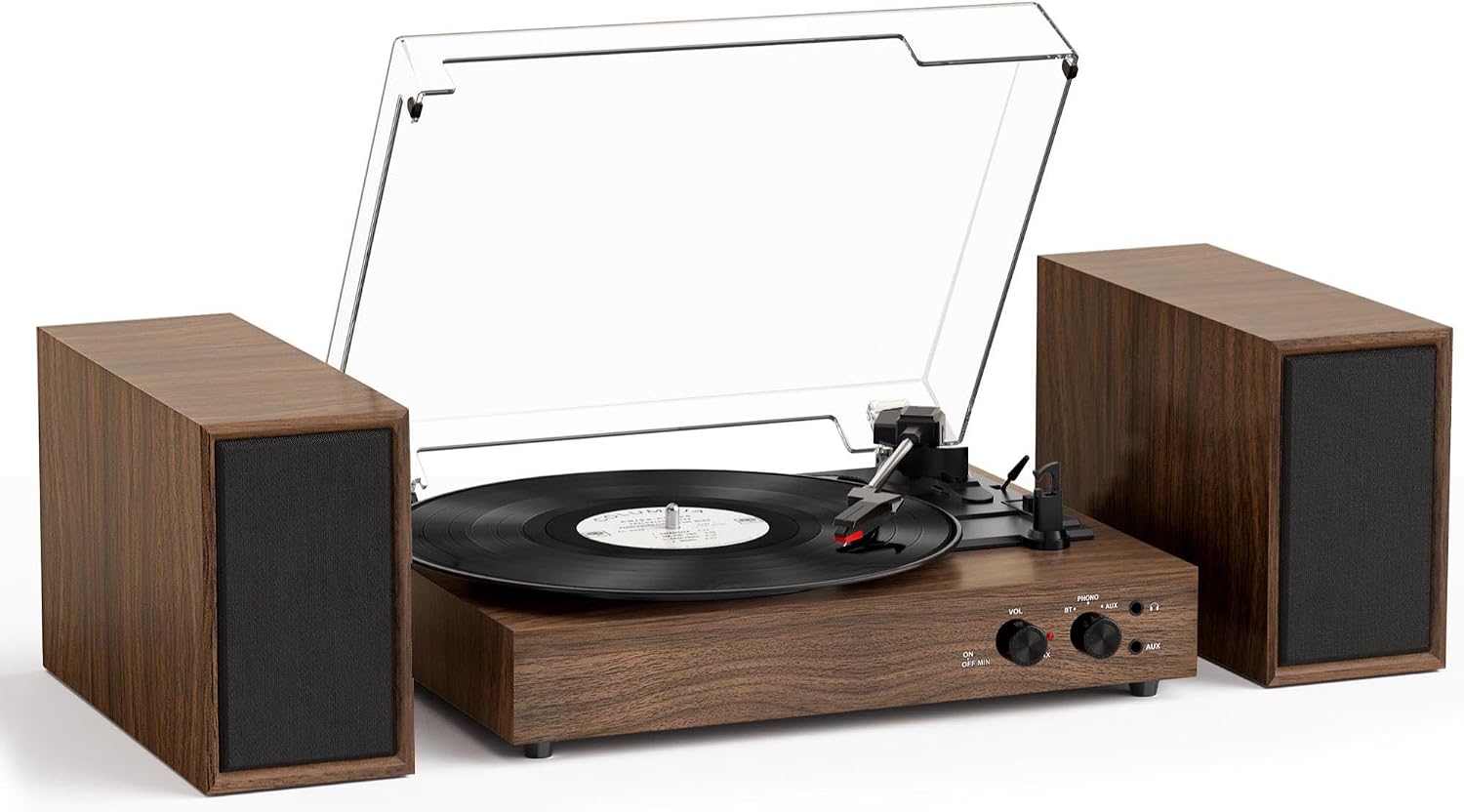 Vinyl Record Player with External Speakers, Vintage 3-Speed Turntable with Dual Speakers, Bluetooth Music Playback, MP3 PC Recoding, AUX Input Headphone Jack and RCA Out, Deep Walnut