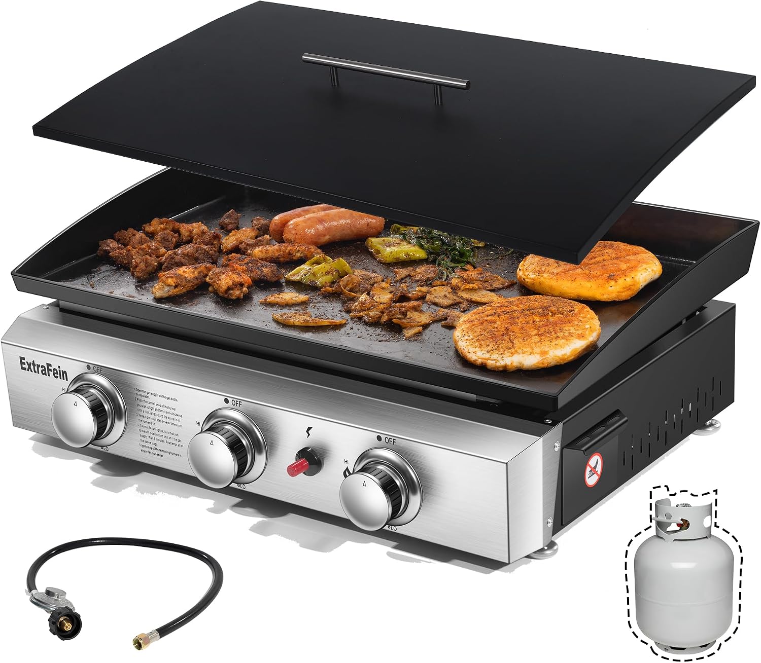 Gas Griddle Flat Top 24 Inch, 3 Burner, 30000 BTU | Stainless Steel Tabletop Grill with Lid and Iron Pan, Portable Griddle Propane for Kitchen, Camping, Outdoor, Tailgating