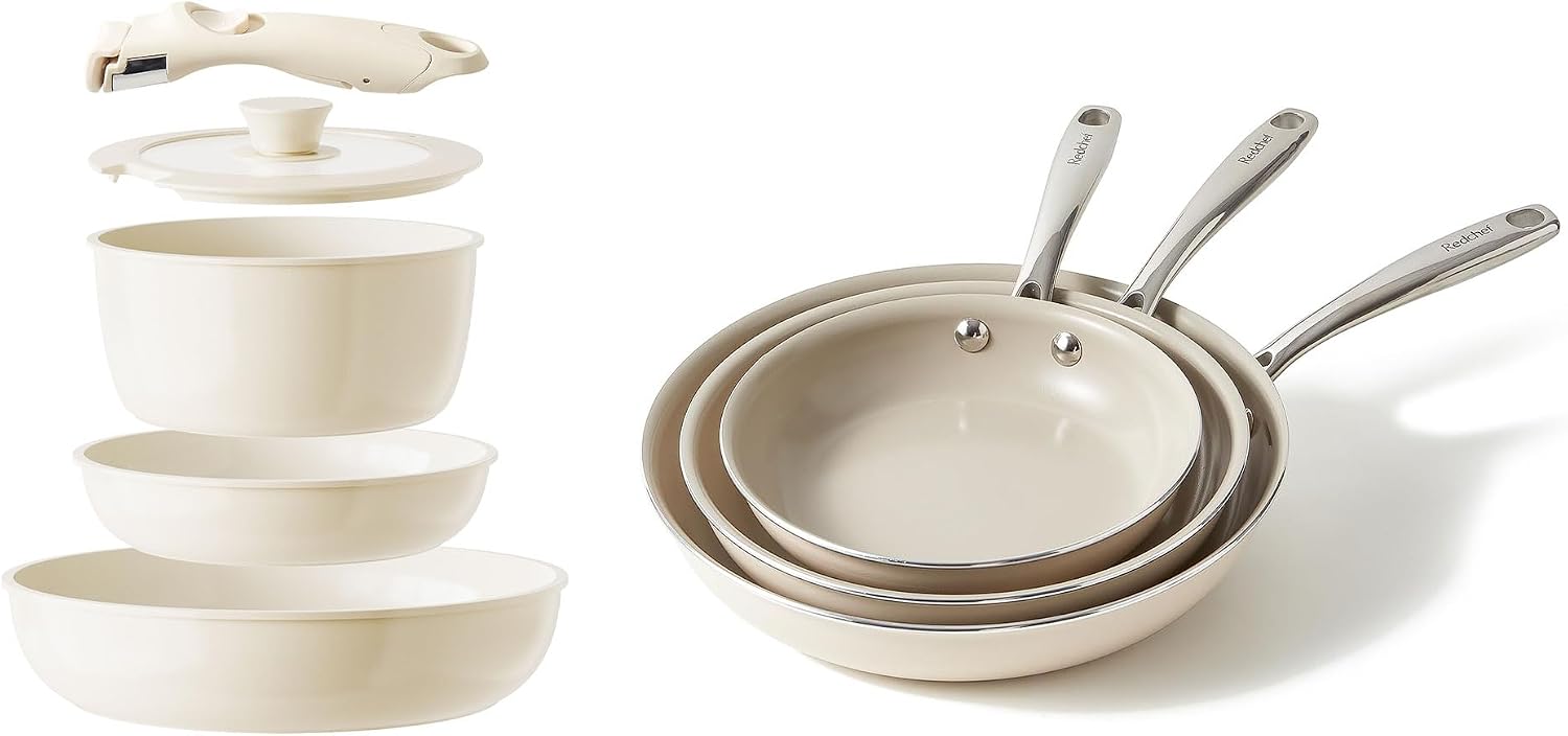 Redchef Ceramic Pots and Pans Set Non Stick, Nonstick Kitchen Cookware Sets, Non Toxic Pots and Pans Set Non Stick, PFAS PFOA & PTFE Free, Nonstick Frying Pans Set, Ceramic Pan Skillet, RV C