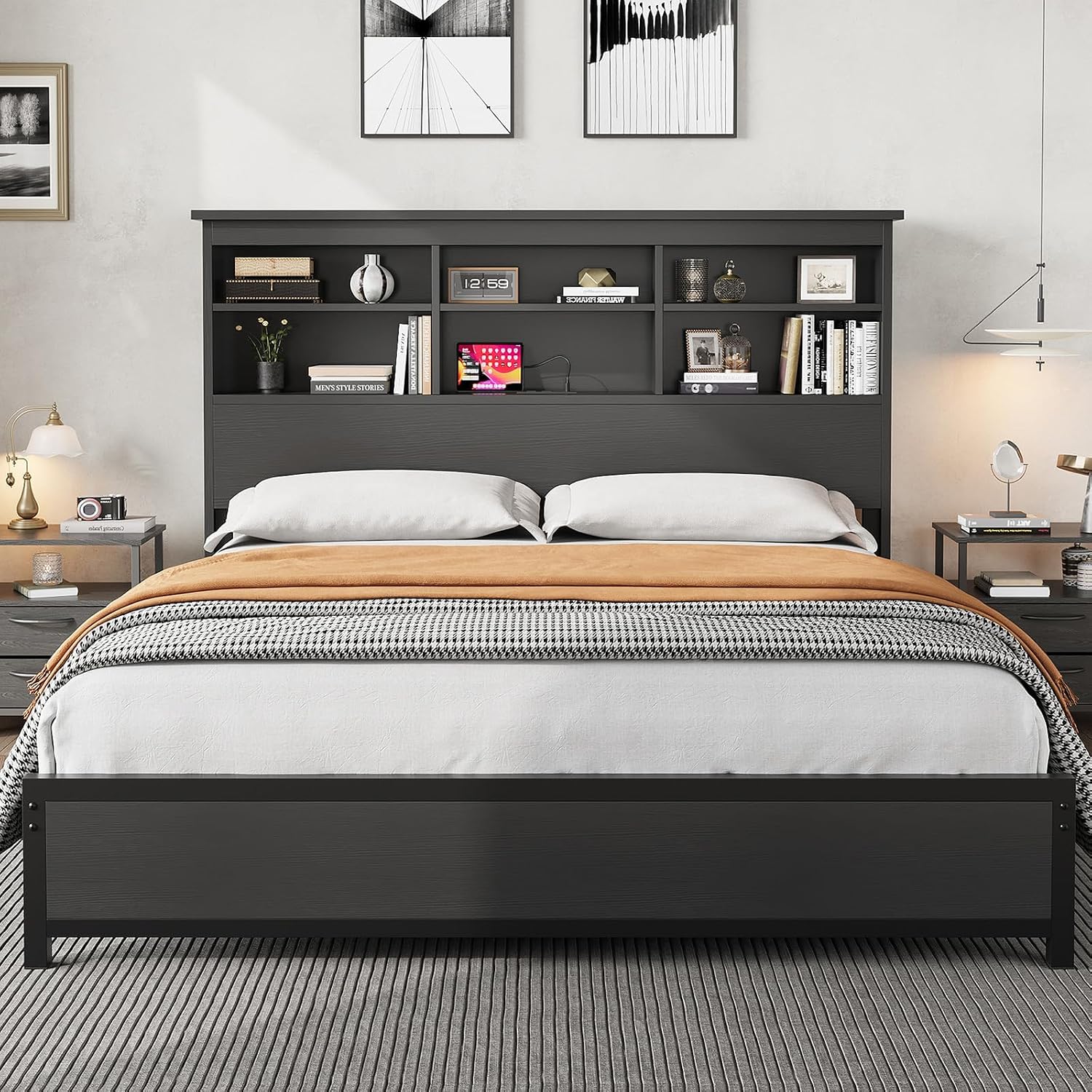 Garvee King Platform Bed Frame with Bookcase Headboard, Charging Station (USB & Type‑c), Tall Wooden Headboard, 9.6" Underbed Storage, No Box Spring Needed, Black