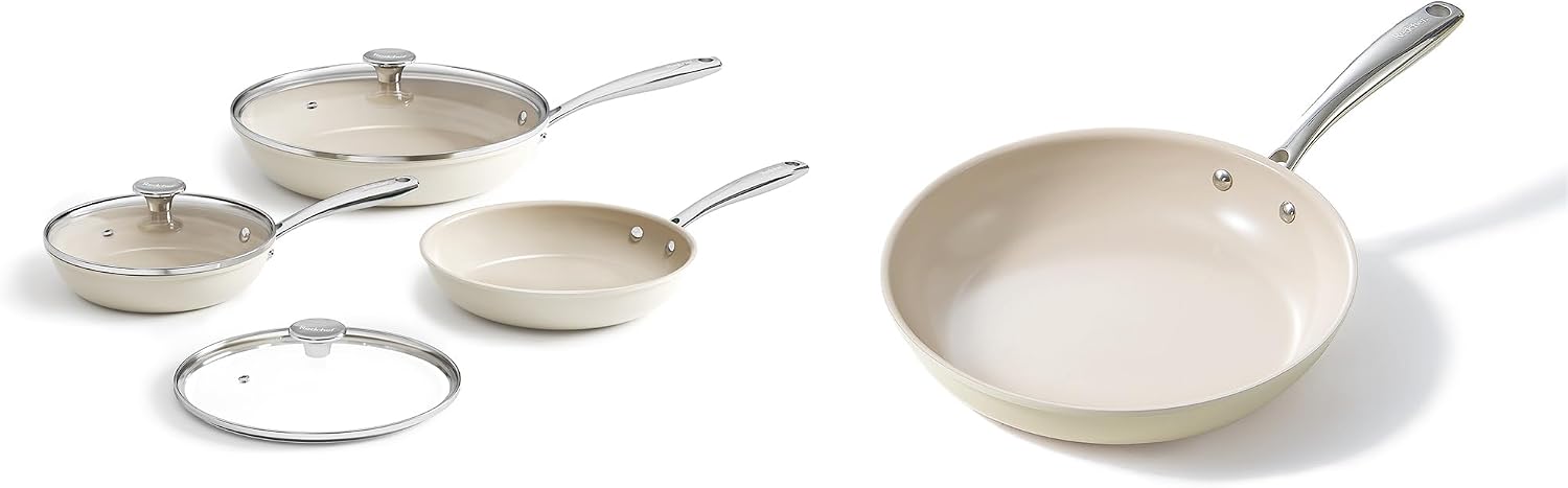 Redchef Nonstick 7-Piece Fry Pan Set, 8, 9.5, and 11 Inch Frying Pans with Tempered Glass Lids, Stay-Cool Handles, Dishwasher & Oven Safe, Induction Safe, Compatible with All Cooktops, beige