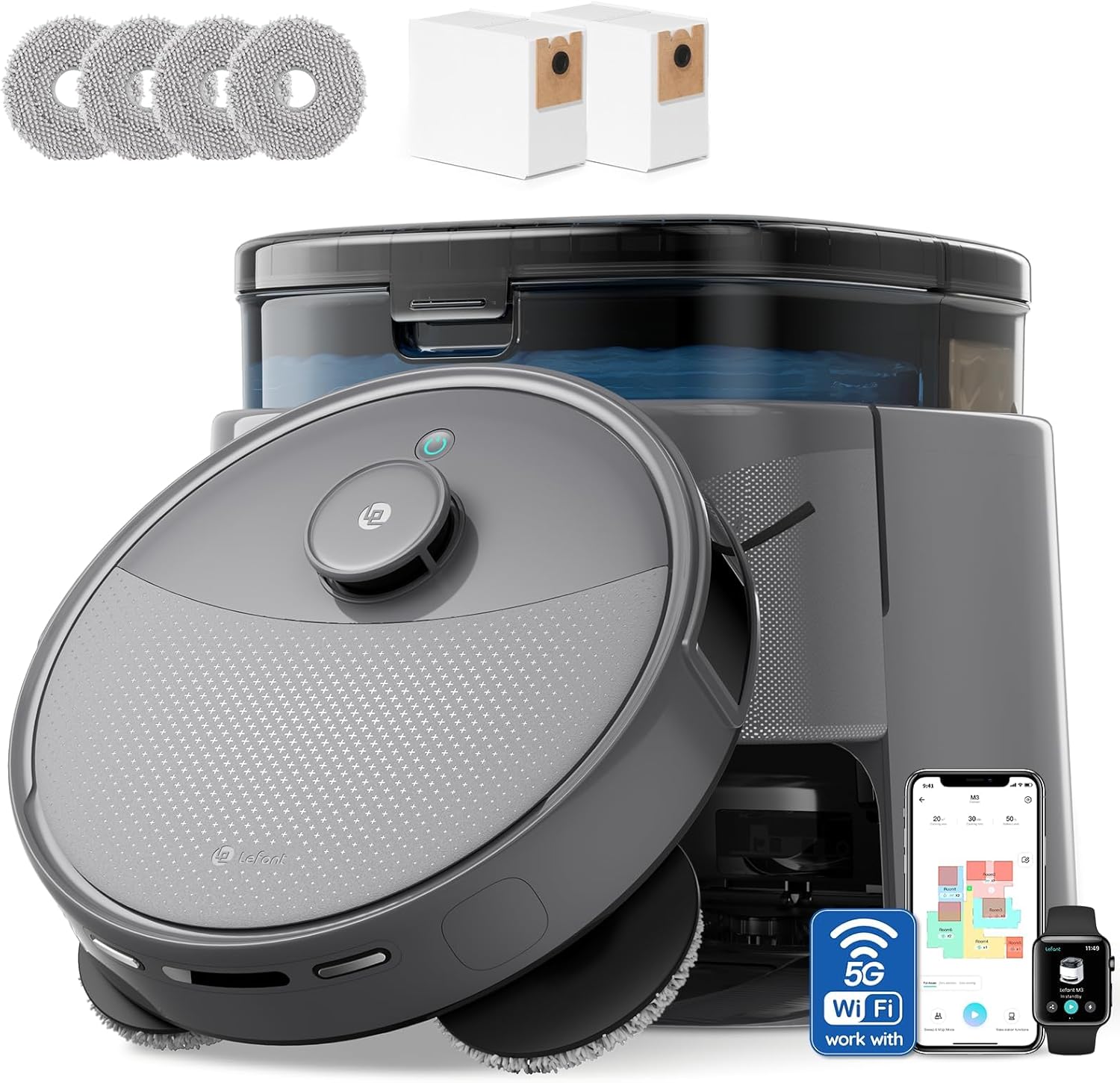Lefant Robot Vacuum and Mop, 20000Pa Suction,Multifunctional Dock with Hot Water Self-Cleaning&Drying, Obstacle Avoidance,90-Day Self-Emptying, 5G WiFi Alexa/APP/iWatch Control,M3 MAX