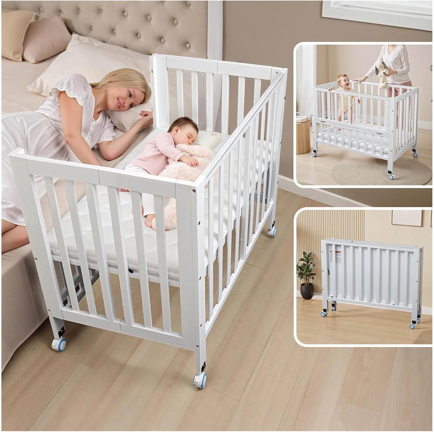 Flwrgirl Foldable Baby Bassinets Bedside Sleeper,4-in-1 Baby Crib | Foldable and Portable,38"x24" Mattress Included,5 Adjustable Heights,Bedside Co-sleeping with Wheels for Small Space White