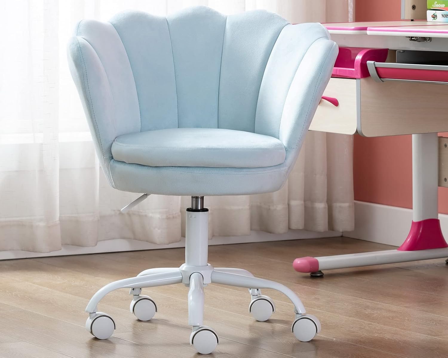 Cute Kids Desk Chair,Velvet Bedroom Chair Adjustable Child Computer Chair Swivel Shell Vanity Chairs for Girls Bedroom/Study Room, Light Blue
