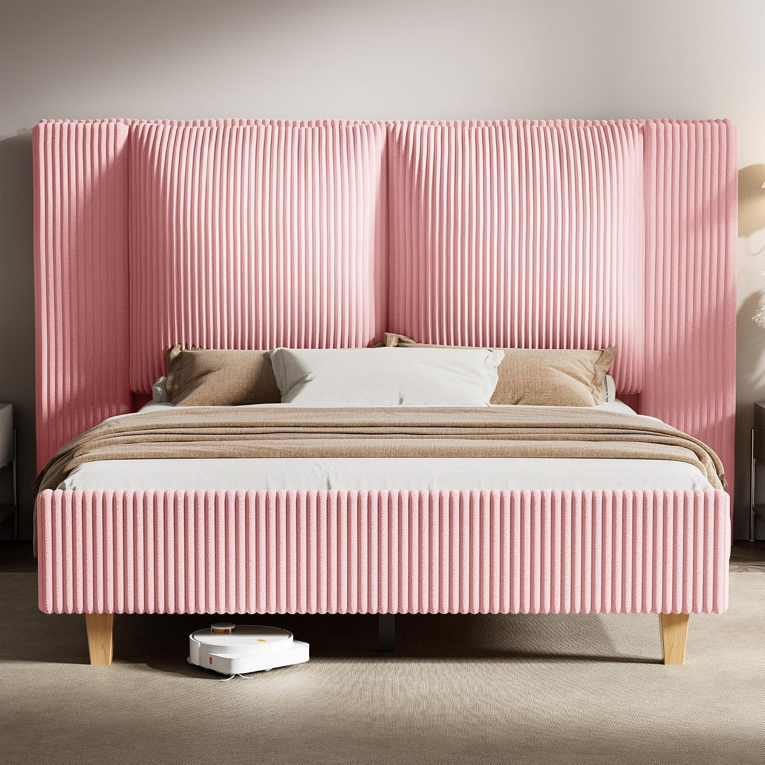 Full Size Upholstered Bed Frame Platform with Tall Wingback Headboard, Corduroy Modern Design,No Box Spring Needed, Easy Assembly,Pink