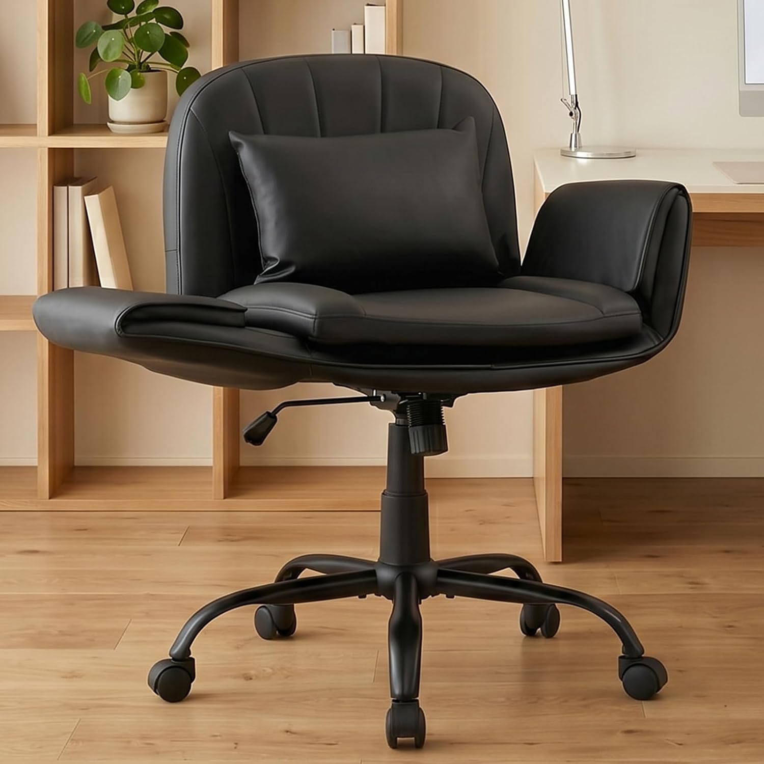 Criss Cross Chair with Wheels & 5-Level Folding Armrests, Wide PU Leather Swivel Vanity Chair for Bedroom, Height Adjustable Cross Legged Office Chair for Home, Makeup (Black)