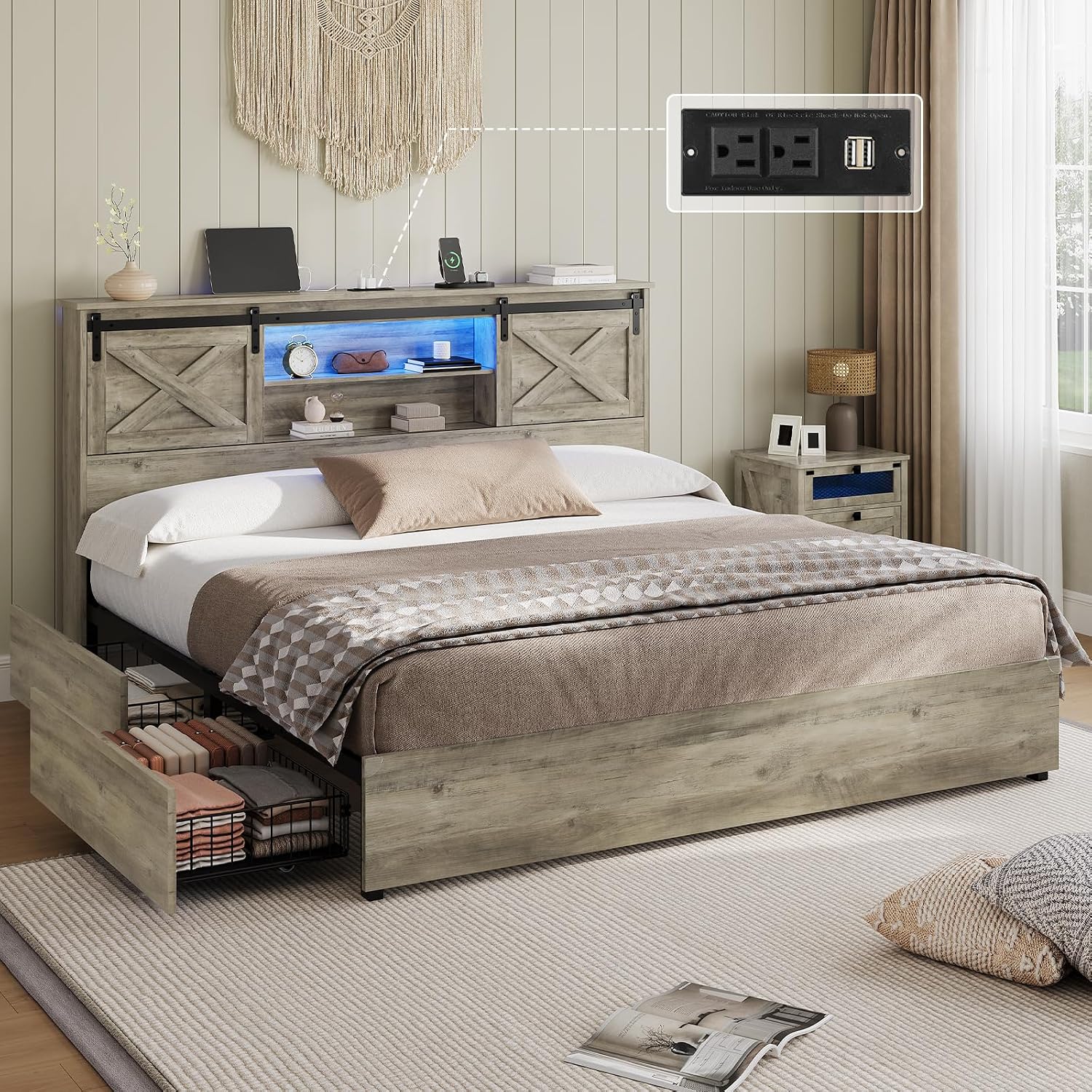 Farmhouse Bed Frame California King Size with 4 Storage Drawers, Wooden Platform Cal King Beds with Charging Station and LED Lights, Rustic Bed with Storage Headboard and Sliding Barn Door