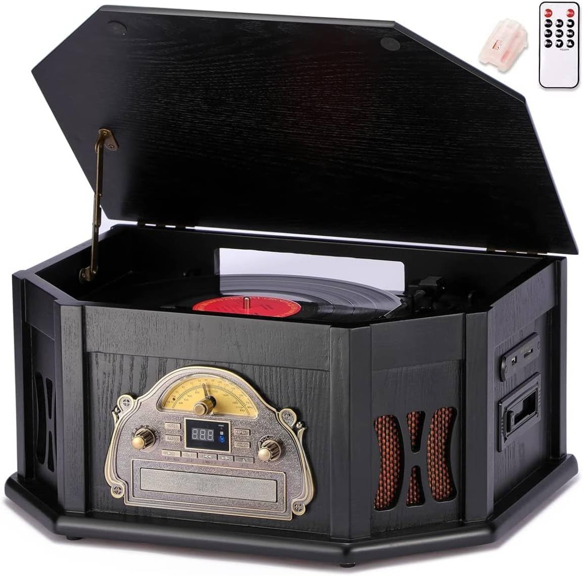 ORCC 10-in-1 Record Player, Nostalgic Turntable for Vinyl Record with Bluetooth, 2 Built-in Speakers, CD, Cassette, AM/FM Radio, USB, SD Slot, Remote Control