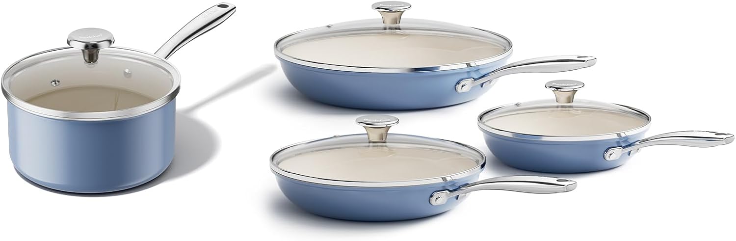 Redchef Nonstick Ceramic Sauce Pan with Lid 2.5QT, Ceramic Frying Pan Set with Tempered Glass Lids(8", 9.5", 11"), Dishwasher & Oven Safe, Induction Safe, Compatible with All Cooktops, Blue
